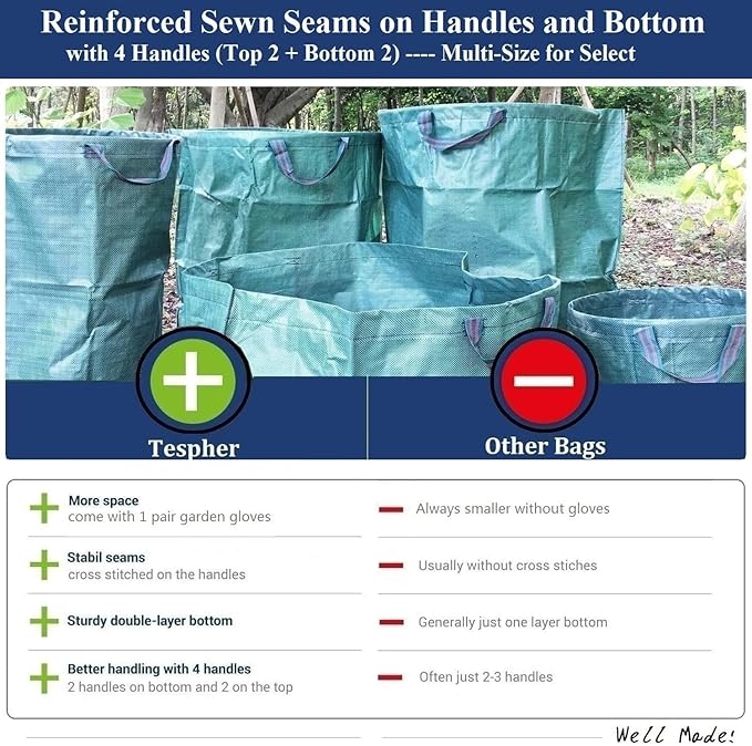 Professional 3-Pack 63 Gallon Lawn Garden Bags Large (D31H19 inch) Yard Waste Bags W/Gardening GlovesStandableReusable Leaf BagLawn Debris BinGarden Trash ContainerPlant Trimmings Bag 4 Handles