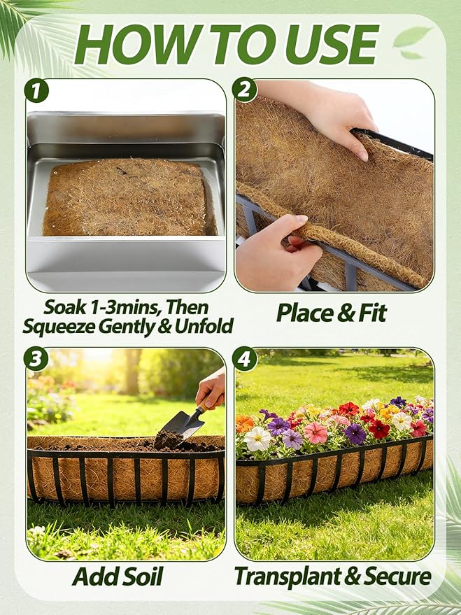48in Arched Coco Liners for Window Planter Box - 4 Pack 100% Natural Coconut Coir Fiber Liner Replacement for Deck Flower Box Garden Railing Fence Trough Wall Planter Basket