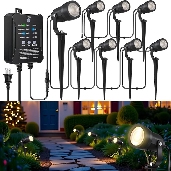 COLOER All-in-One Low Voltage Landscape Lighting Kit 8 Pack 5W Die-cast Aluminum Landscape Lights with Transformer and Connectors IP65 Waterproof Outdoor Spot Lights for Pathway Yard Garde