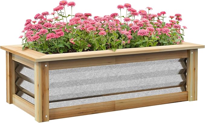 Raised Garden Bed Kit Outdoor Planter Box Galvanized Metal Reinforced with Wood Stock Tank for Growing Flowers Herbs and Vegetables
