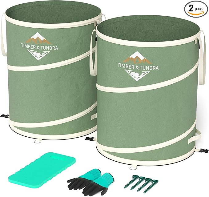 Timber &amp Tundra 40-Gallon Collapsible Trash Can Set of Two with Stakes Gardening Gloves and Kneeling Pads | Pop Up Trash Can for Camping