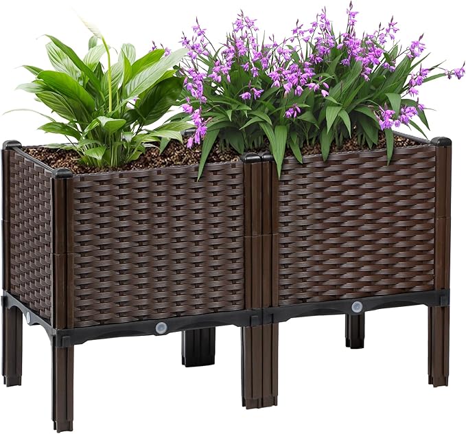 Rattan Raised Garden Bed with Legs-Rectangular Elevated Deep Planters for Outdoor Plants Self Watering Planter Box 32L x 16W x 20H Rectangular Deep Garden Bed for Vegetables Flowers Herbs