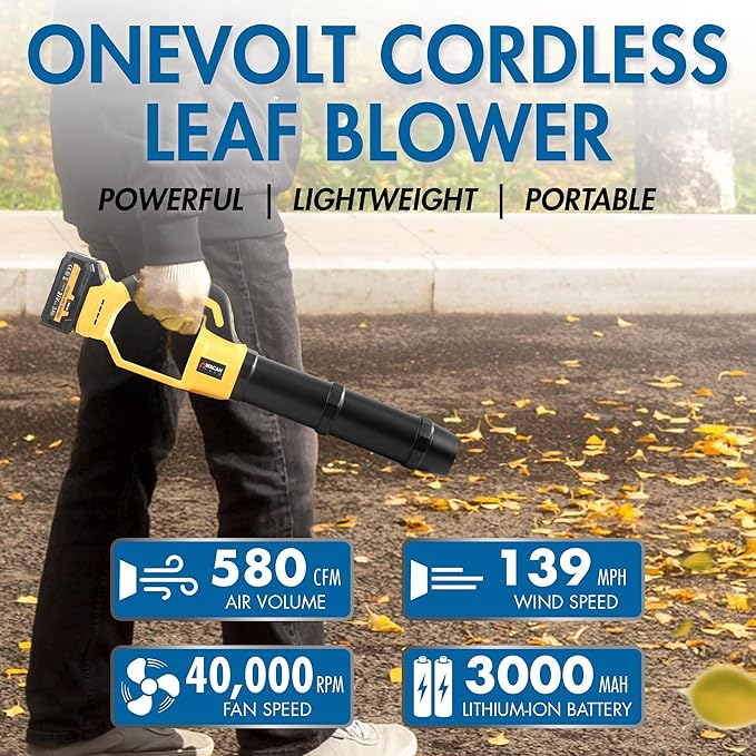Wagan EL7214 OneVolt Cordless Leaf Blower 40000RPM Electric Air Duster with Extension Pipes UL Certified 3.0Ah 21V Battery 580CFM Lightweight Blower for Lawn Patio Dust and Snow