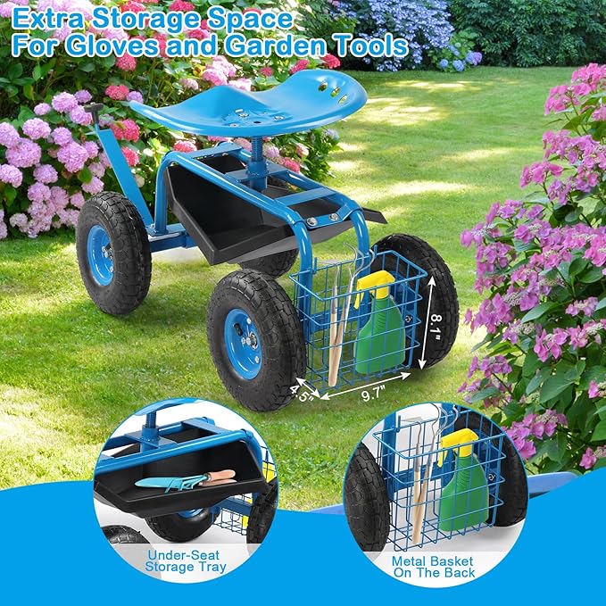 Garden Cart Gardening Stool for Planting Rolling Garden Work Seat with Wheels Swivel Seat Garden Scooter with Steering Handle &amp Tool Tray Garden Chair Blue