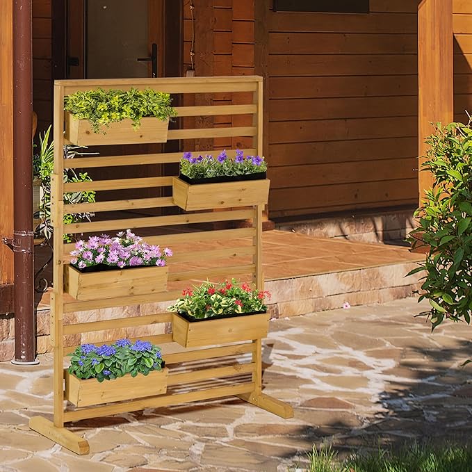 Natural Wood 5-Tier Vertical Plant Trellis Stand – Freestanding Outdoor Planter with 5 Hanging Boxes for Patio Garden Balcony (36.5 W x 59 H)