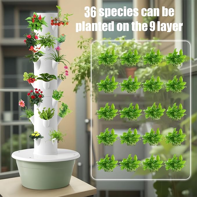 Hydroponic Tower Garden Kit5/7/9 Layers Indoor Vertical Growing System with Self-Watering Tank Space-Saving Aeroponic Planter for Vegetables Herbs &amp Strawberries(Size:9 Layers)