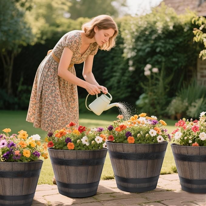 Large Plant Pots 20 Inch 2 Pack Plastic Whiskey Barrel Planters Big Flower Pots Wine Barrel Design for Outdoor Indoor Garden Porch Patio Backyard