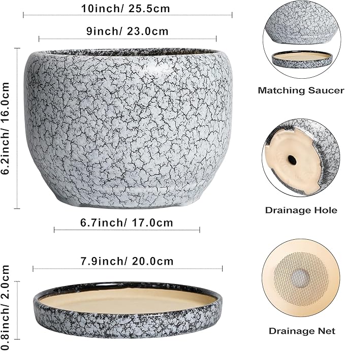 SQOWL Ceramic Planters - 10 Inch Ceramic Flower Pot with Drainage Hole and Saucer Decorative Plant Pot Indoor Round Large Planter Outdoor Bathroom Decor Gifts for Plant Lovers Black and White