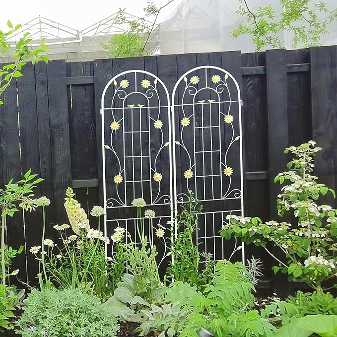 Metal Garden Trellis for Climbing Plants (2-Pack) – 86.7'' Tall x 19.7'' Wide Rustproof Design with Decorative Bird+Flower Accents | Perfect for Cucumbers Beans Vegetable Support (Cream White)