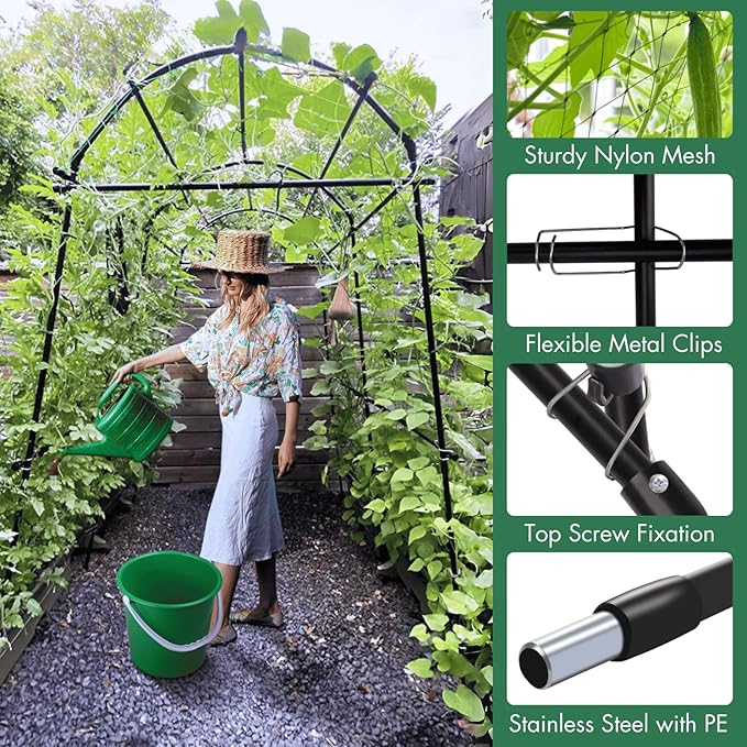 Garden Arch Trellis 7FT Extra Tall Polyethylene-Coated Stainless Steel Garden Trellis for Climbing Plants Outdoor Garden Trellis Arch for Cucumber Trellis | Gardening Trellis with Clips (Black)