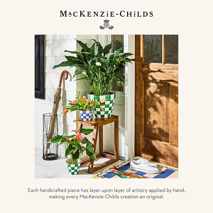 MACKENZIE-CHILDS Enamel Garden Pot Decorative Pot for Plants Outdoor Flowerpot Decor Extra Large Green-and-White Emerald Check
