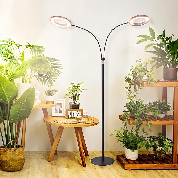 Grow Lights for Indoor PlantsDouble Head Full Spectrum LED Plant Light with Stand6 Dimmable Levels &amp 3 Lighting Modes Auto On Off Timer 3/9/12H 38-67 inches Adjustable Height Black