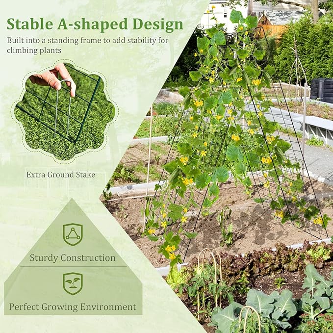 S AFSTAR 46 x 34 Inch Cucumber Trellis for Garden 8 PCS Foldable A-Shape Plant Support W/18 Clips 16 Ground Stakes 8 Spiral Connectors 12 Cable Tie Twist Tie Garden Trellis for Climbing Plants
