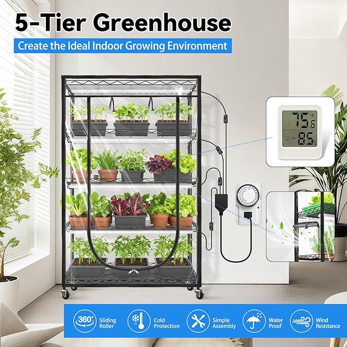JESLED Indoor Greenhouse with Grow Light 3FT Full Spectrum 5000K LED Light for Seed Starting Tiered Lighting Control Built-in Timer &amp Thermo-Hygrometer Rolling Metal Plant Stand (35.4x13.8x70I