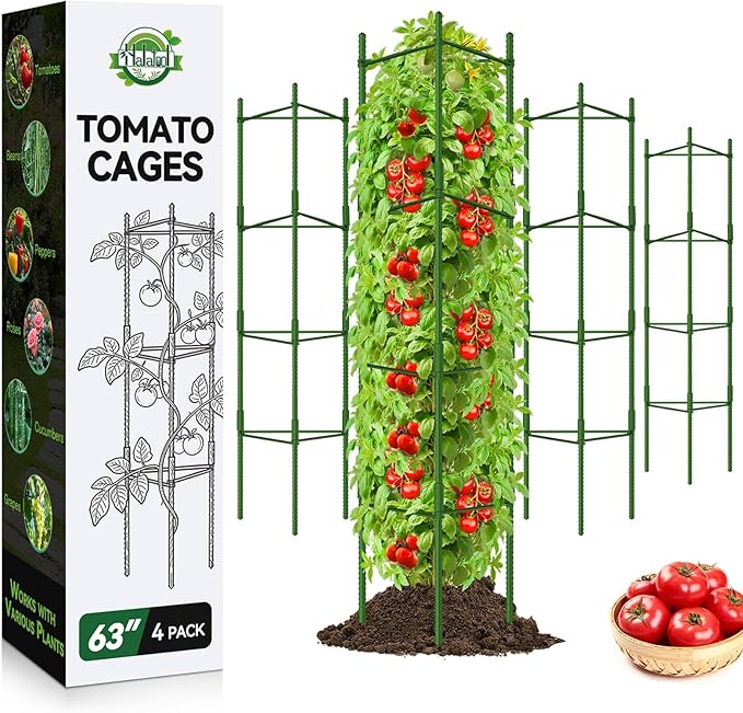 Halatool 63 Inch Tomato Cages 4 Pack Adiustable Plant Cages Assembled Tomato Garden Cages Stakes Vegetable Support Trellis with 120 Feet Twist Tie Snap-On for Vertical Climbing Plants