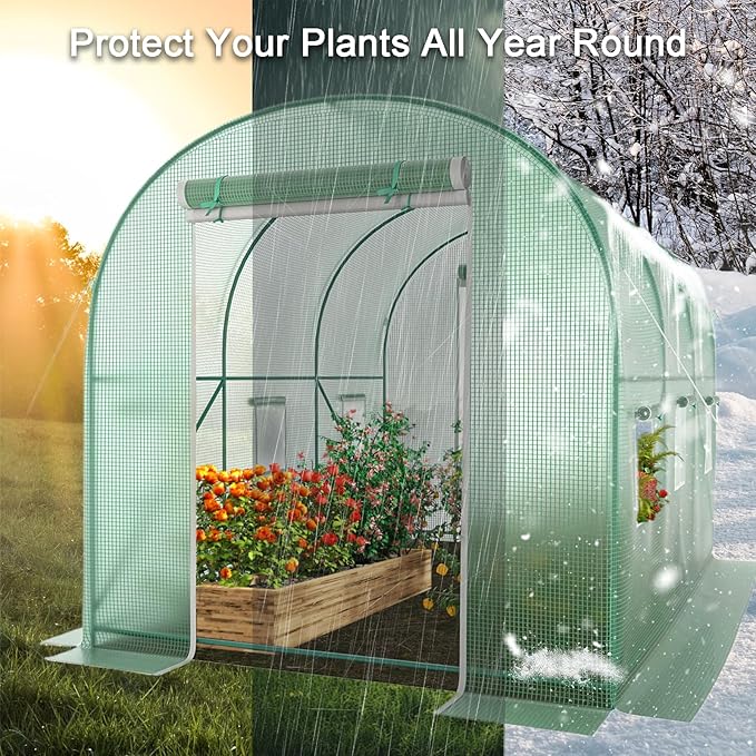 Walk-in Greenhouse with Watering System 10x7x7 FT Heavy Duty Tunnel Green House for Outdoors Gardening Plants Protable Plastic Cover Hot House with Metal Frame