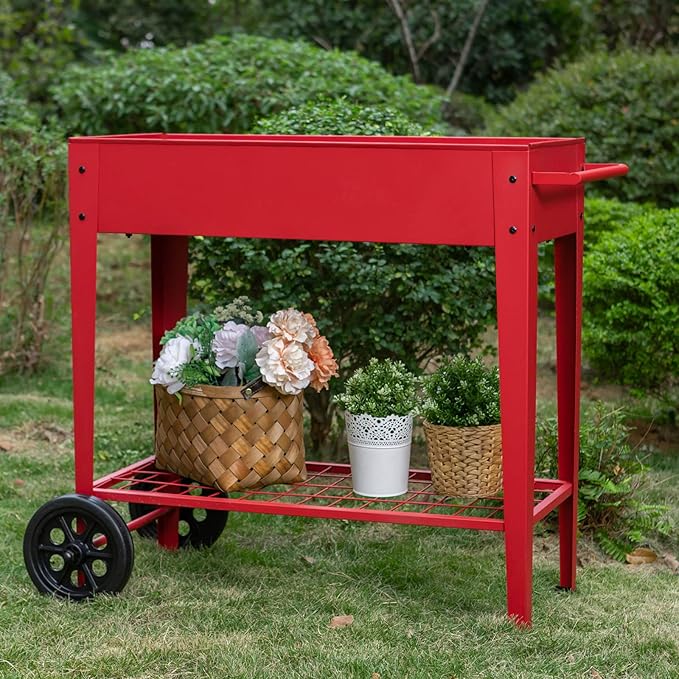 MFSTUDIO Outdoor Raised Elevated Garden Planter Box with Legs Patio Standing Planter Bed Cart on Wheels for Gardening Vegetables Flower Herb Red