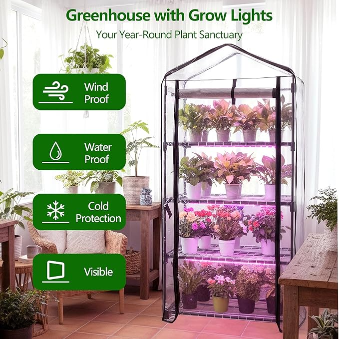 Indoor Greenhouse with Grow Lights 4-Tier Mini Greenhouse w/Multiple Modes Plant Lights &amp Waterproof Base Mat &amp Zippered Door Walk-in Green House for Growing Plants Seed Starting Seed Tray
