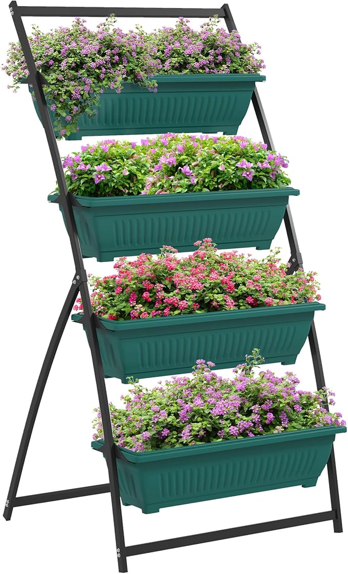 Raised Garden Bed 4 Tier Vertical Garden Planter Set 4 Outdoor Planter Boxes with Stand Self Draining Design Elevated Garden for Vegetable Flowers &amp Herbs Green