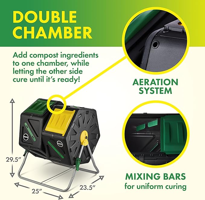 Miracle-Gro Dual Chamber Compost Tumbler – Easy-Turn Heavy-Duty Outdoor Bin Composter with 2 Sliding Doors (2x18.5 Gal/70L