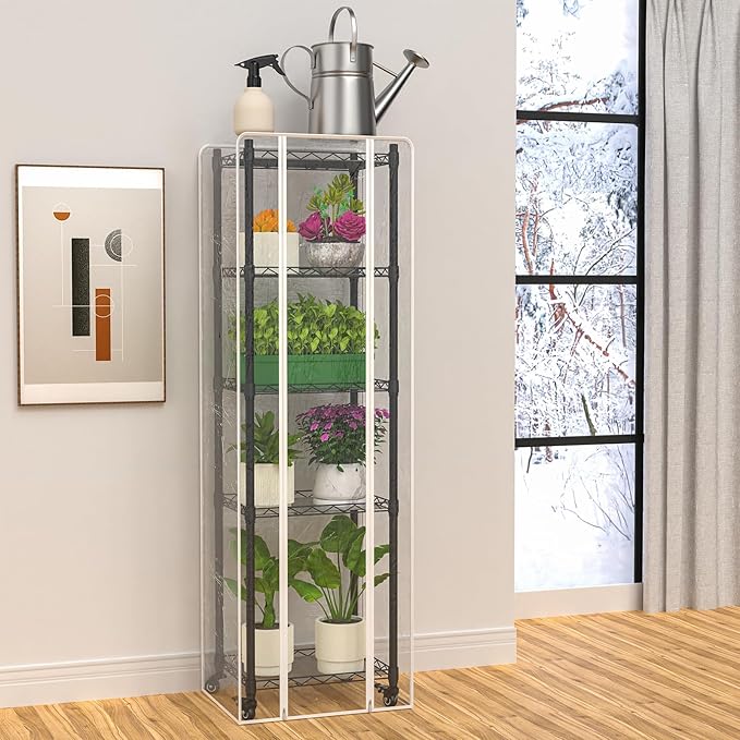 Mini 5-Tier Greenhouse for Indoor Outdoor  15.7 L×11.8 W×62.3 H Portable Greenhouse with Clear PVC Cover and Metal Shelf for Growing Vegetables Flowers and Seedlings with Wheels