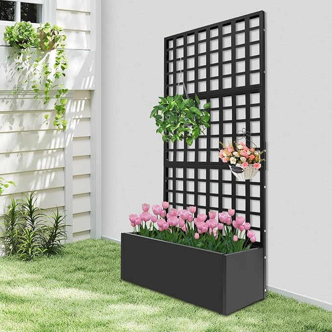 Metal Planter Box with Trellis Raised Garden Bed with Trellis 71x 35x 16 Multifunctional Privacy Screen Planter Box for Climbing Plants Vegetables Vines Indoor/Outdoor (Black)