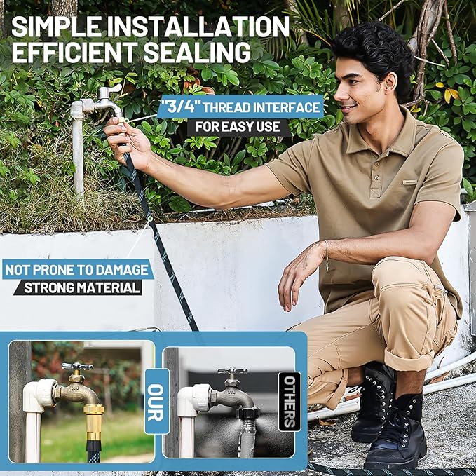 100Ft Non-Expandable Garden Hose with 10 Function Nozzles Flexible Lightweight Kink-Free Leak-Proof Sturdy Water Hose with Strong Brass Connector