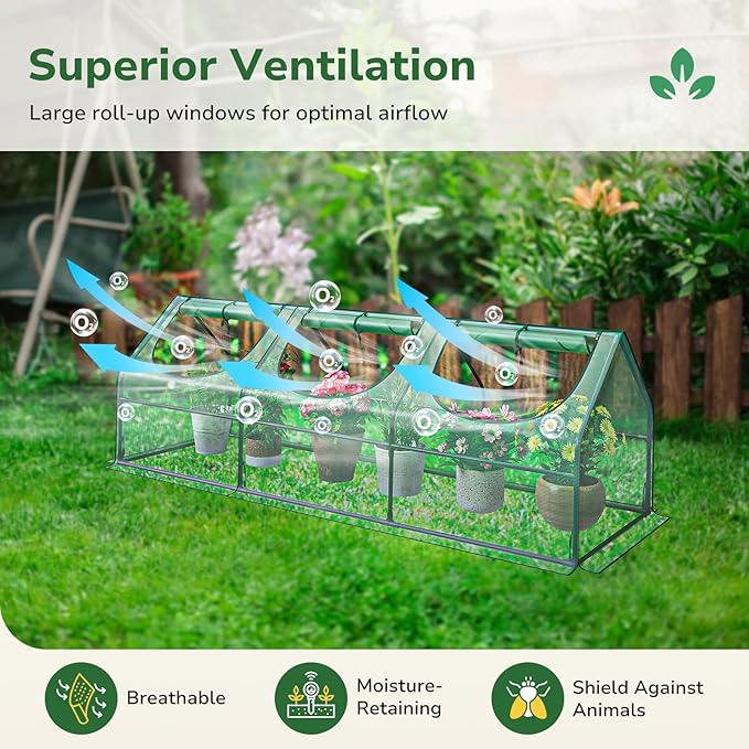 Greatbuddy Portable Mini Greenhouse 3×3×9Ft High-Density PE Plant Cover with 3 Roll-up Zipper Windows Perfect for Outdoor Plant Growing