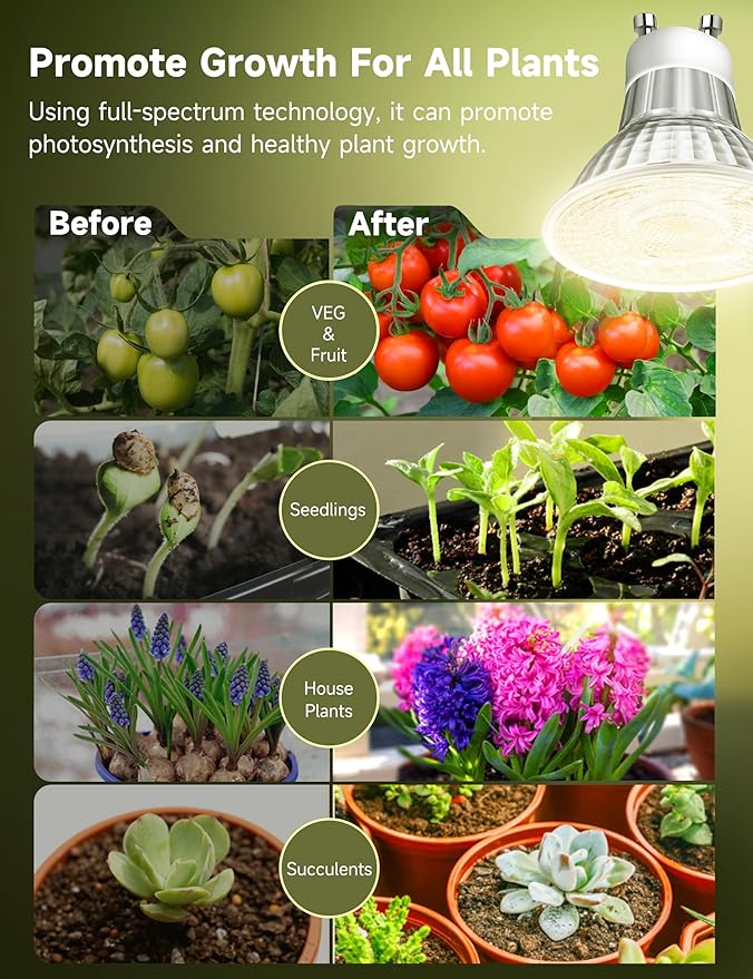 GU10 Grow Light Bulb Full Spectrum Plant Grow Lights Natural White 4000K Plant Light for Indoor Plants for Small Plant Pots 6W LED Grow Light Grow Lamp for Low Light Plants 3 Pack
