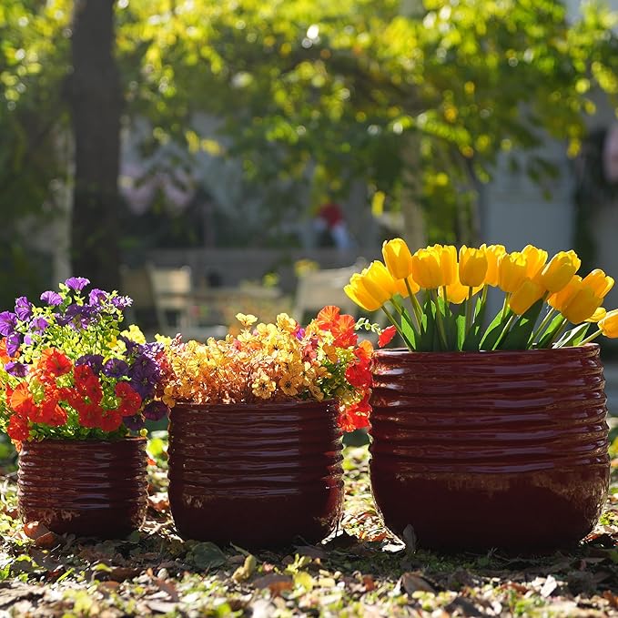 Handmade Glazed Ceramic Planter Set of 3 15118 Inch Diameter Horizontal Groove Pattern for Succulents Flowering Plants Outdoor G Indoor Staircase Bookshelf Use Breathable Clay Deep Red