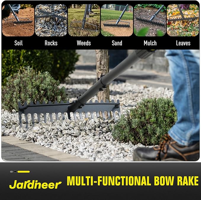 Jardineer Bow Rake Heavy Duty Long Handle Metal Rakes for Gravel Rocks Lawns Leaves Soil Leveling Landscaping Garden Rake with 18 Steel Tines (59 Inches)