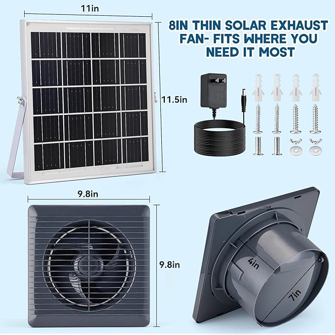 Solar Powered Exhaust Fan 25W Solar Panel+8 High Speed Solar Powered Fans Solar Exhaust Intake Fan Kit with Bracket Anti-backflow Valve Power Adapter Vent Fan for Shed Greenhouse Attic