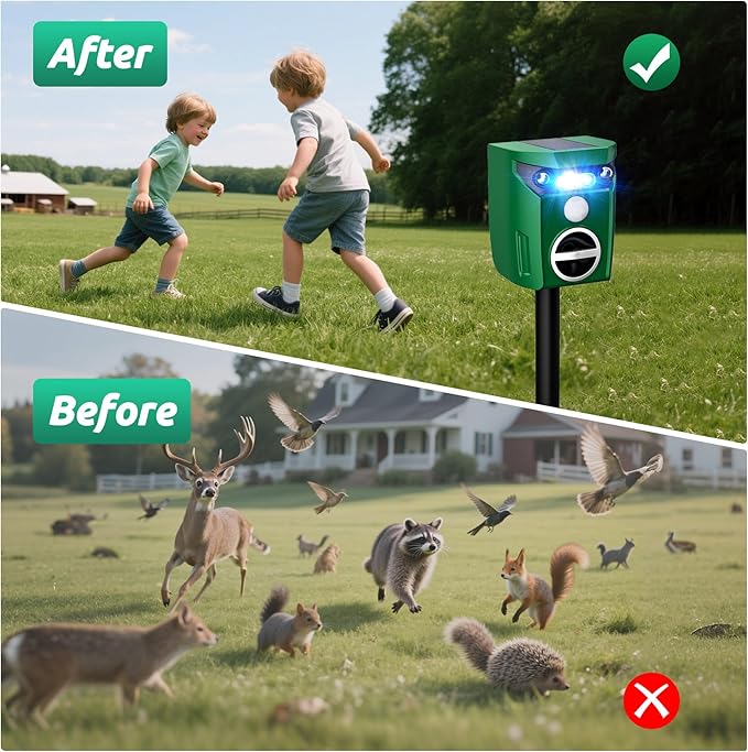 Solar Ultrasonic Animal Repeller Deer Repellent Devices with LED Strober Light &amp Motion Sensor Waterproof Cat Deterrent Repels Deer Dog Raccoon Squirrel Skunk RabbitRepellent for Yard