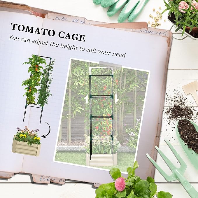 Outsunny Galvanized Raised Garden Bed 73.5 Tall Outdoor Planter Box with Trellis Tomato Cage and Open Bottom for Climbing Vines Vegetables Flowers in Backyard Garden Patio Cream