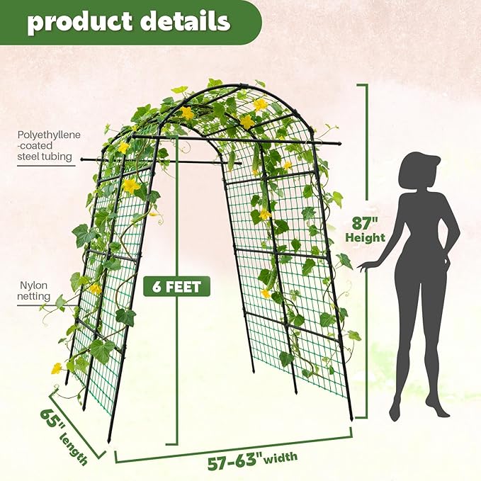AGTEK 87in Garden Arch Trellis for Climbing Plants Garden Arches Support Structure Tall Metal Garden Tunnel Trellises Archway for Climbing Vine Vegetable Fruit Flower Squash Arbors