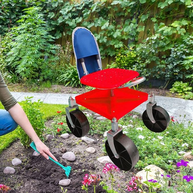 Garden Trolley Rolling Seat Gardening Stool Carbon Steel Frame with Backrest Height Adjustable Garden Chair for Planting Shed red with bag
