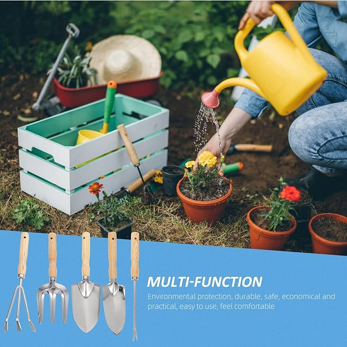 5pcs Garden Tool Set with Wooden Handle Shovel Rake and Fork for Soil Loosening and Weeding Stainless Steel Hand Tools for Outdoor Planting and Home Gardening