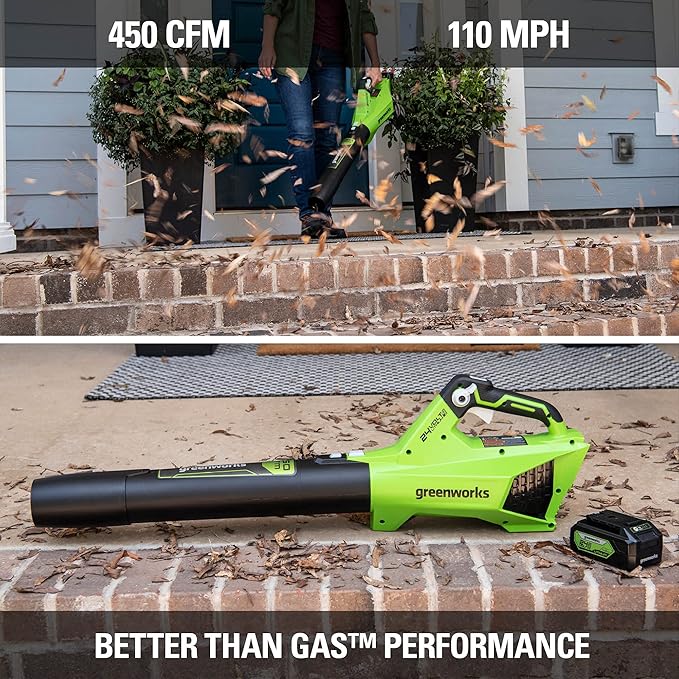Greenworks 24V (110 MPH / 450 CFM / 200+ Compatible Tools) Cordless Brushless Axial Leaf Blower 4.0Ah Battery and Charger Included
