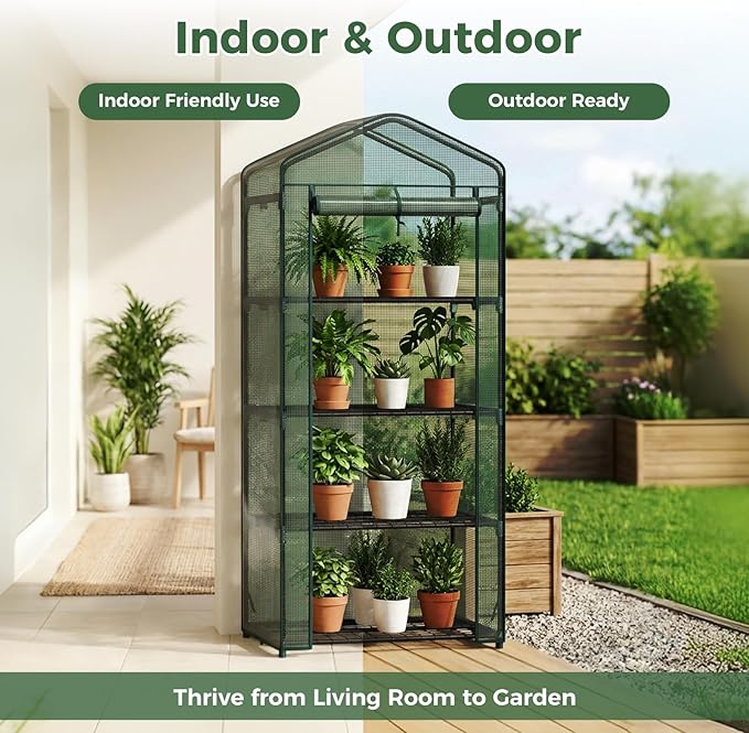 NEWBULIG 4-Tier Mini Greenhouse for Outdoors Small Green House with Sturdy Frame and Durable Green PE Cover Portable Greenhouse for Outside and Indoor Use 27.17 x 19.29 x 63.4 Inches