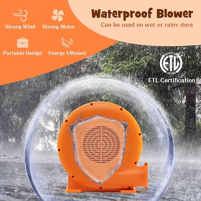 Costzon Air Blower 1.0HP Blower for Bounce House with 25FT SJTW Wire &amp Stakes GFCI Plug ETL 750W Perfect for Inflatable Bouncer Blower Orange IPX4 Air Blower for Inflatables