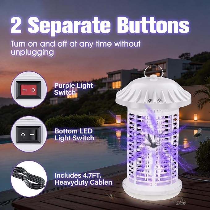 Bug Zapper Indoor &amp Outdoor Water Proof Mosquito Zapper with LED Light 4200V Electric Bug Zapper for Home Patio Office Courtyard（White）