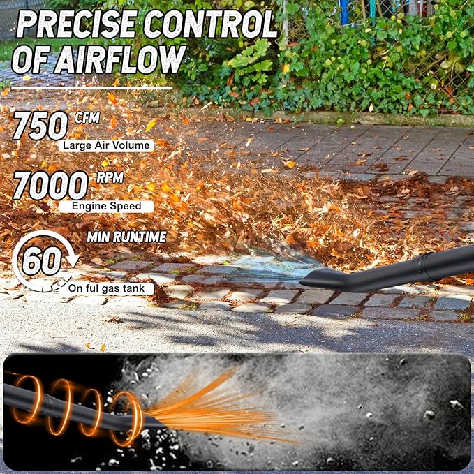 4-Cycle High Power Gas Backpack Leaf Blower5HP - 75.6CC Engine 750CFM Tornado-Like Airflow Adjustable Speed Ergonomic Design for Effortless Leaves Snow and Debris Cleanup