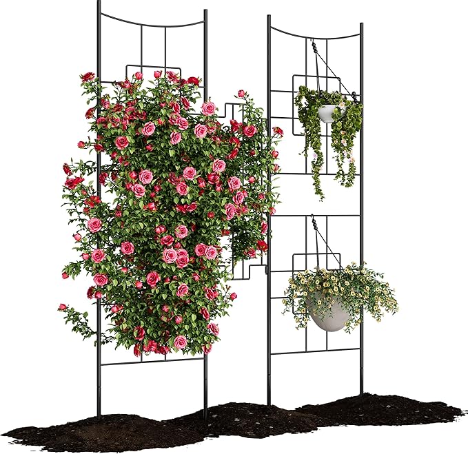 5.5 FT Black Metal Garden Trellis (51 x 66) – Rustproof Large Arch Trellis for Climbing Roses Vegetables Vines &amp Flowers – Outdoor Plant Support &amp Privacy Screen 2 PCS