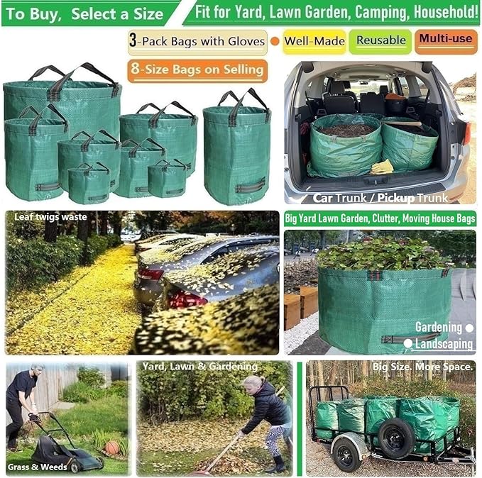 Professional 3-Pack 63 Gallon Lawn Garden Bags Large (D31H19 inch) Yard Waste Bags W/Gardening GlovesStandableReusable Leaf BagLawn Debris BinGarden Trash ContainerPlant Trimmings Bag 4 Handles