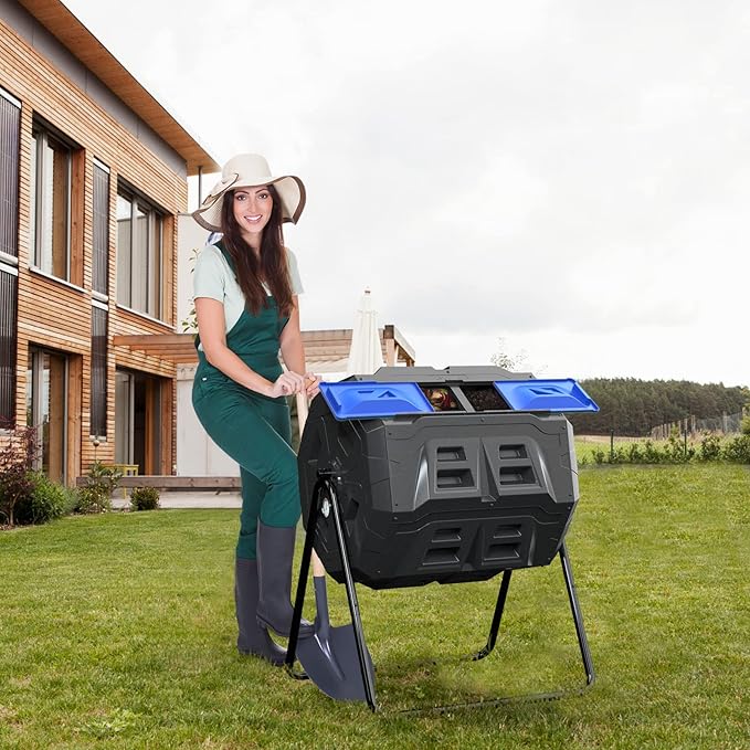 SQUEEZE master Large Compost Tumbler Bin - Outdoor Garden Rotating with Thermometer -Automatic Temperature Measurement-Sturdy Steel Frame - 43Gallon (2-21.5Gal)- Blue Door