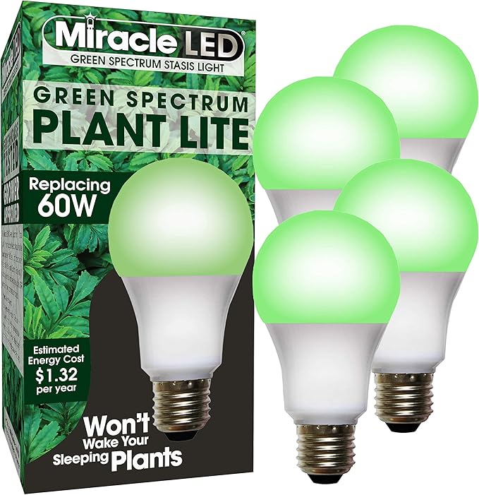 MiracleLED 604758 11W A19 Grow Room Specialty Light with Green LED Bulb Omni directional 4-Pack