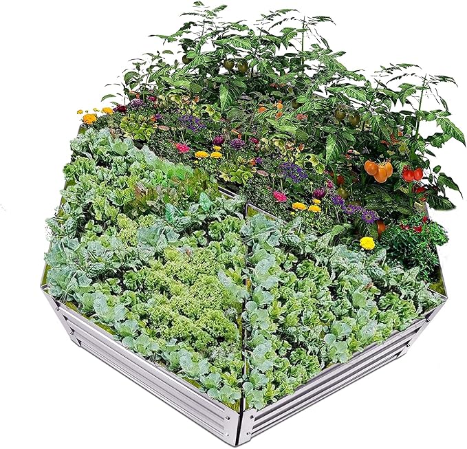 Raised Garden Bed Galvanized Steel Metal Outdoor Planter Kit Box for VegetablesFlowers FruitsHerbs (6 pc Include Tools for Installation) Silver (GD-01)