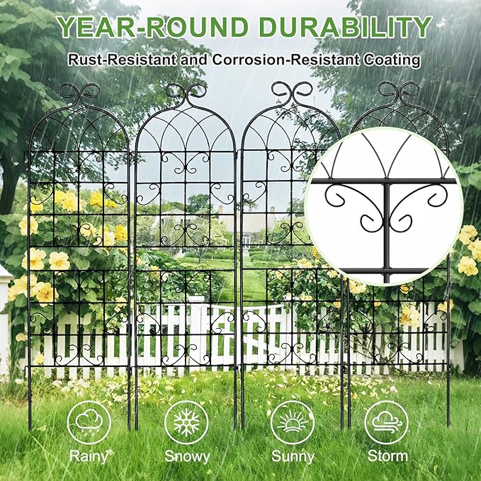 YOBAZAN 4 Pack 72x20in Rustic Iron Arch Decoration Garden Trellis with Black Metal Coating – Perfect for Supporting Climbing Plants Outdoor Roses Vines Flowers and Vegetables.