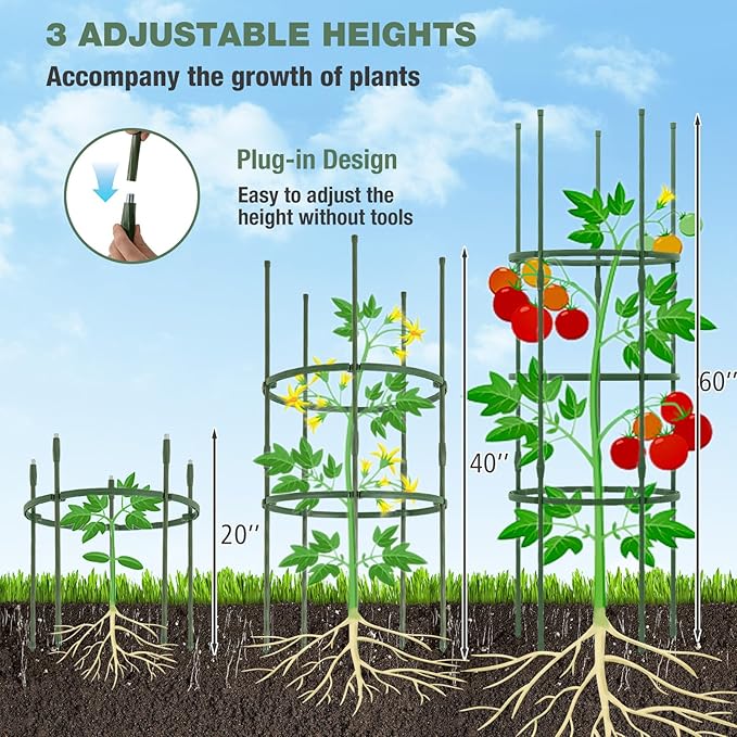 Happygrill 3 Pack Plant Cages and Supports 60 inch Tall Adjustable Tomato Cage w/Clips &amp Ties Heavy-Duty Garden Trellis for Climbing Plants Vines Flowers Vegetables Potted Plants Indoor Outd