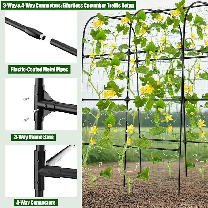 7ft Cucumber Trellis for Raised Bed Garden Arch Trellis for Climbing Plants Outdoor Indoor Metal Trellis Support with Net for Vegetables Tomato Zucchini Squash Beans Peas Melons Rose FlowersVines